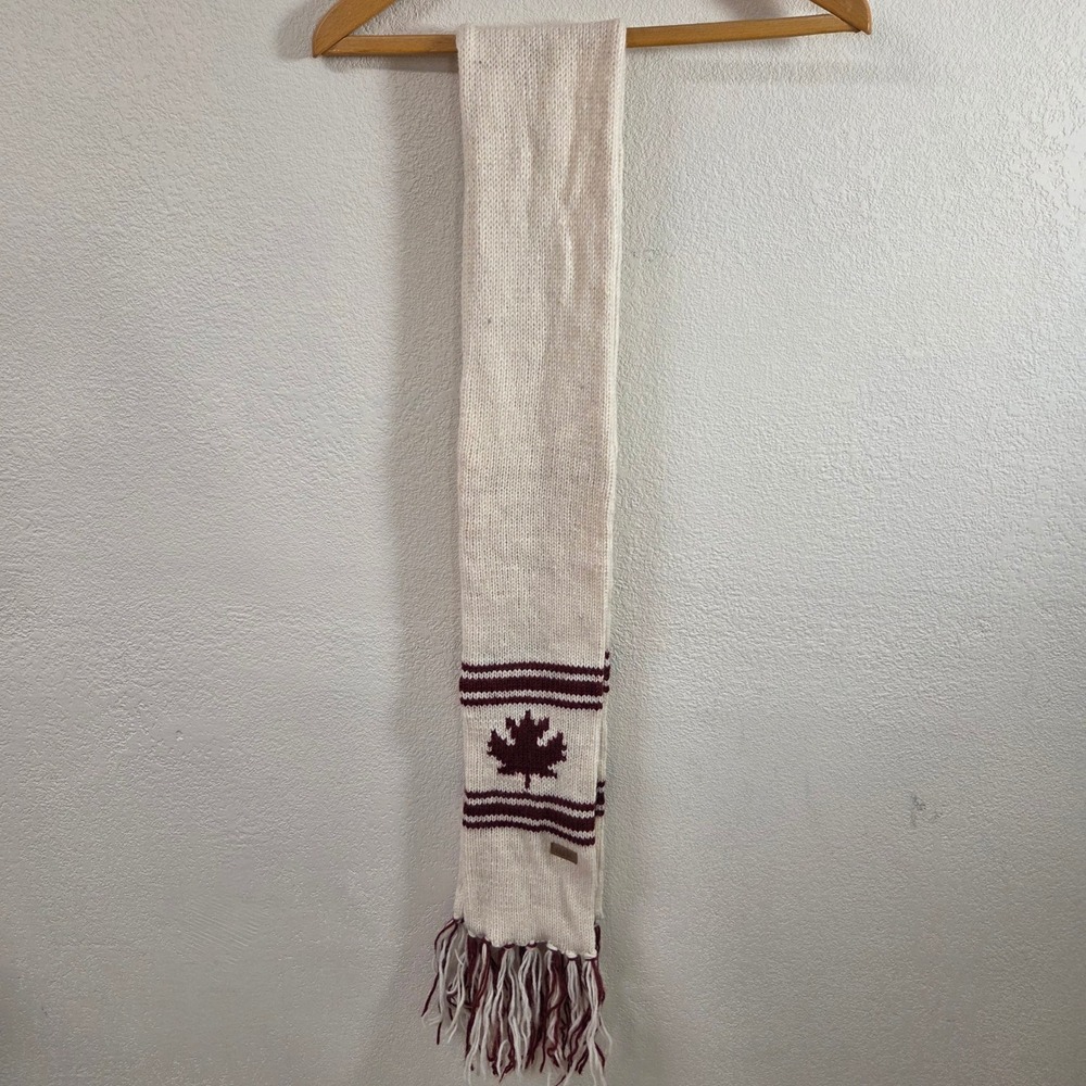 Ark Canada Knit Scarf Cream Burgundy Maple Leaf Striped Fringe CA19338